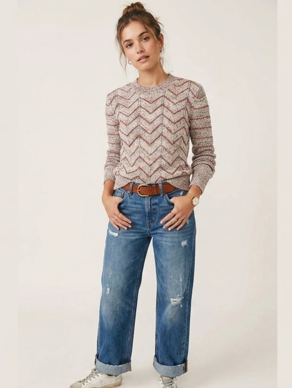 Free People Crewneck Chevron Knit Sweater